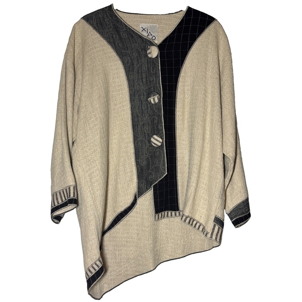 Xiao Women's Asymmetrical Black & Beige Jacket Big Buttons Size Medium